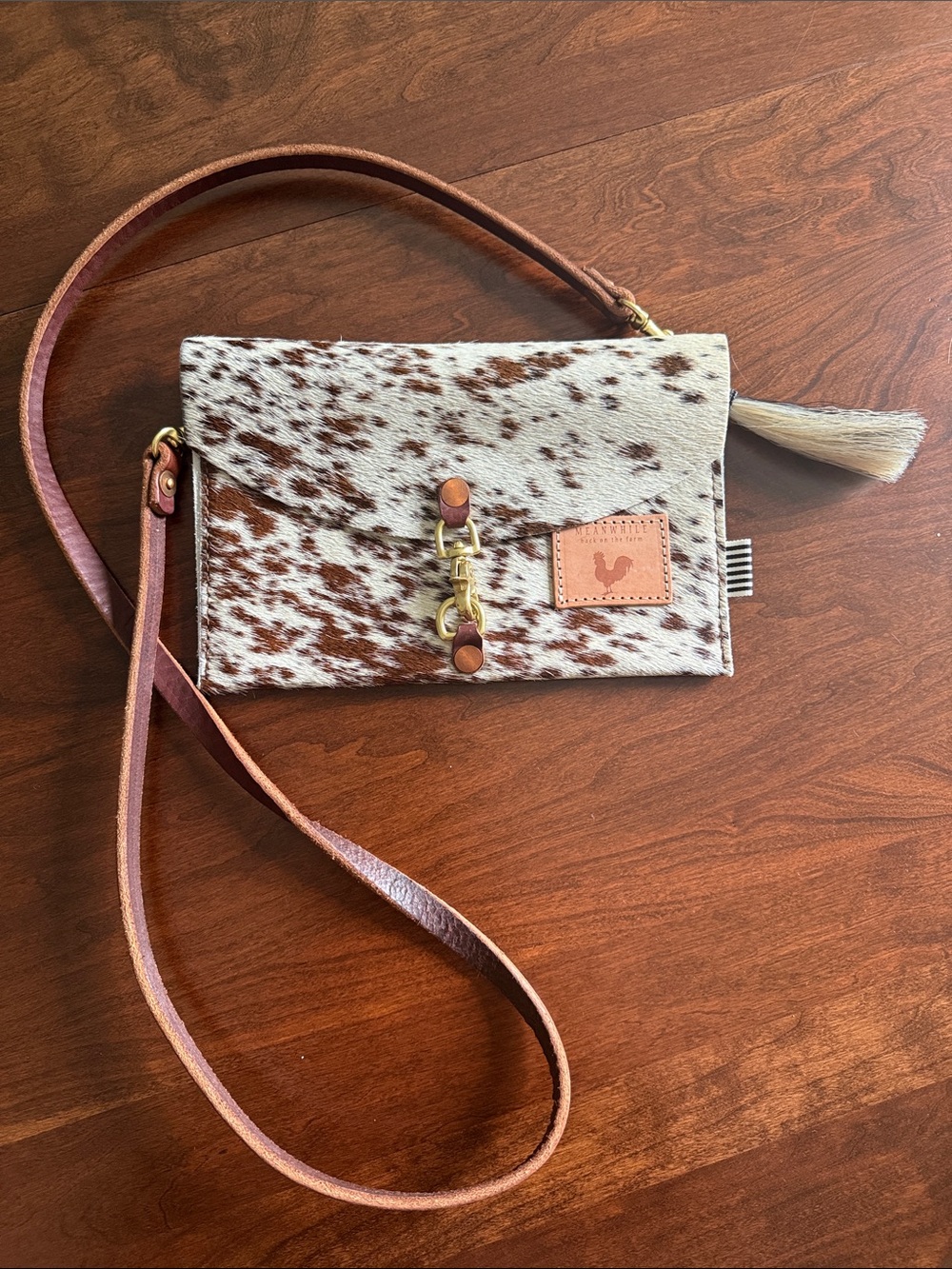 Handcrafted Haircalf Crossbody Bag in Brown & White
